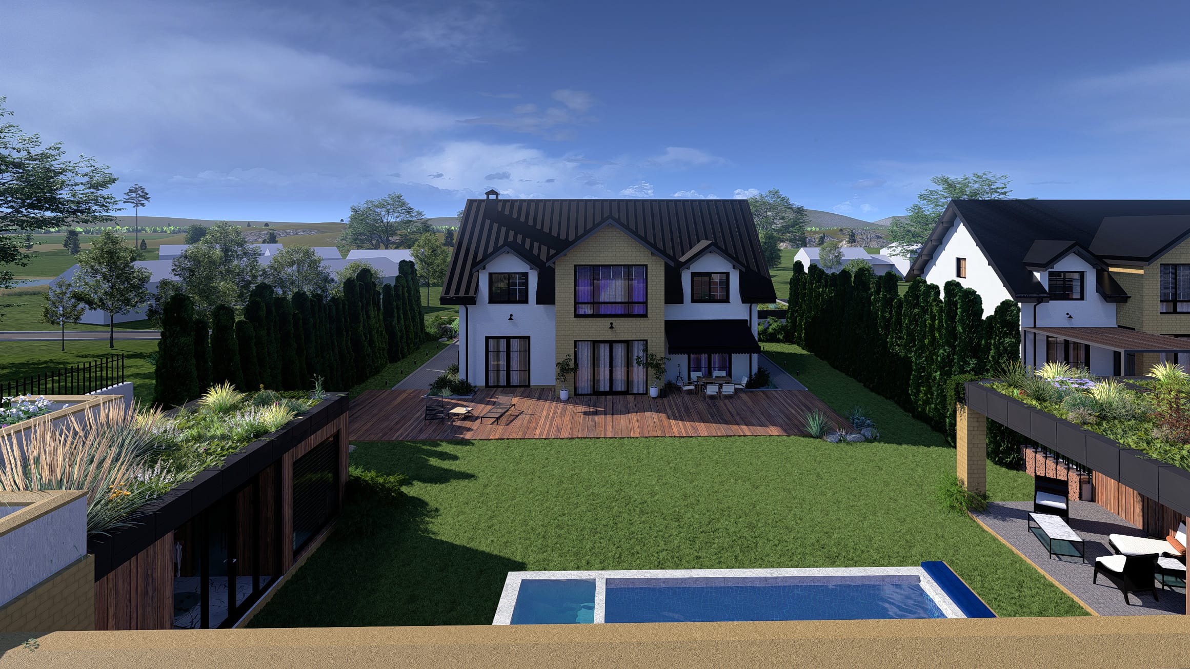 fotorealistická vizualizace zahrady s bazénem