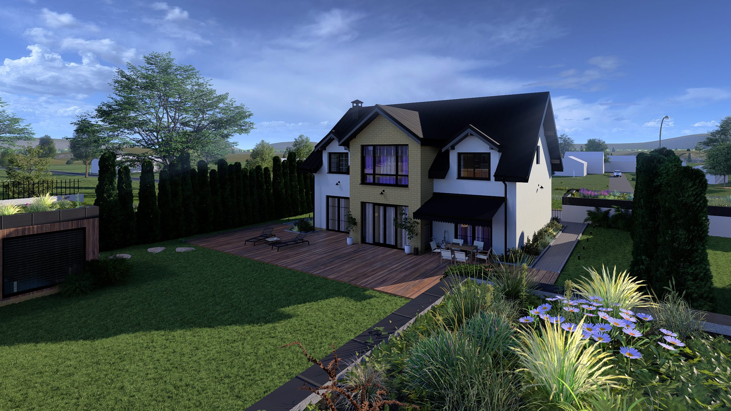 vizualizace zahrady se zelenou střechou